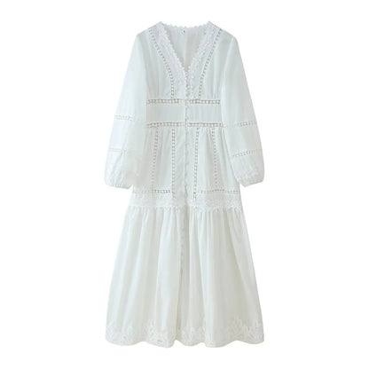 Modisches Slim-Fit-Midikleid mit V-Ausschnitt für Damen, Sommer 2022, aushöhlen, Spitzenbesatz, elegantes Kleid J5C226, knielang