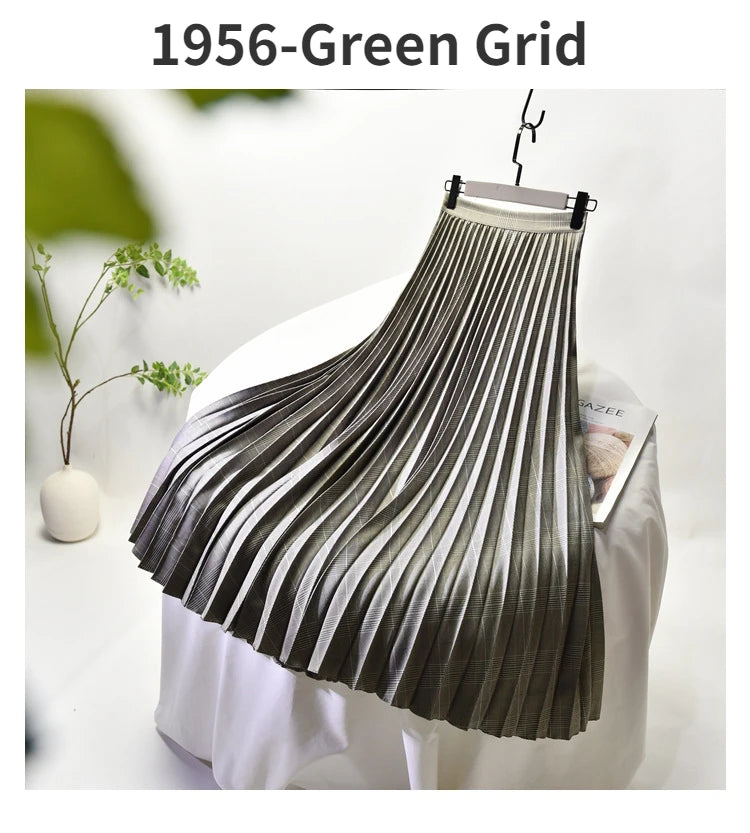 Looks Thin Pleated Skirt 2025 New High Waist A-line Skirt Mid-length Big Size Plaid Skirt Long Pleated Skirt Length 75-90cm