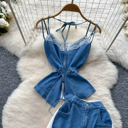 Denim Two Piece Sets Women Jeans Suit Lace Y2k Top Wide Leg Pants Zipper Lace Up Patchwork Trousers Outfits Ensemble Summer 2025.