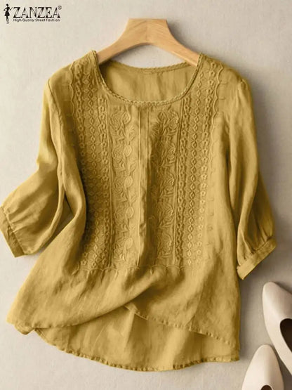 ZANZEA Elegant Women Embroidered Blouses Autumn 2024 3/4 Puff Sleeve Transparent Blusas Mujer Casual Vintage Cotton Shirts Tops.
