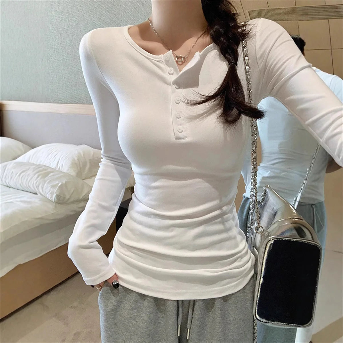 Women Fashion Slim Long Sleeve Shirts Button Solid Sexy Girl Pullover Tops Spring Fall Retro Simple T-shirt Casual Street Y2K.