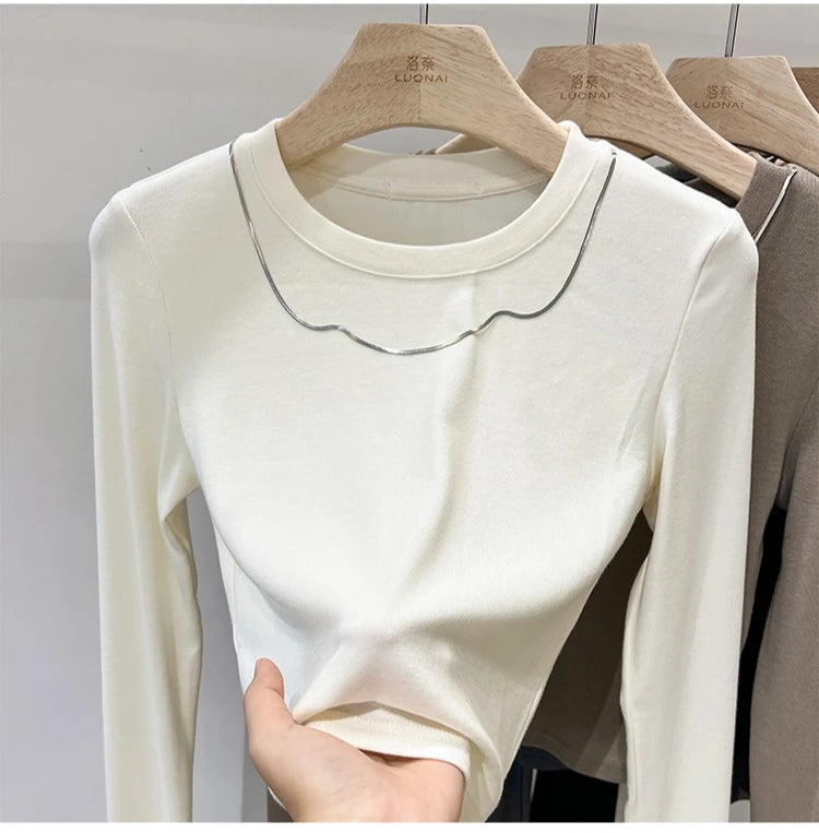 Women Trendy Chain Link Autumn Fashion Slim Fit Cropped T-shirts 2025 Long Sleeve T-shirt Solid Simple Base Layer Crop Tops.