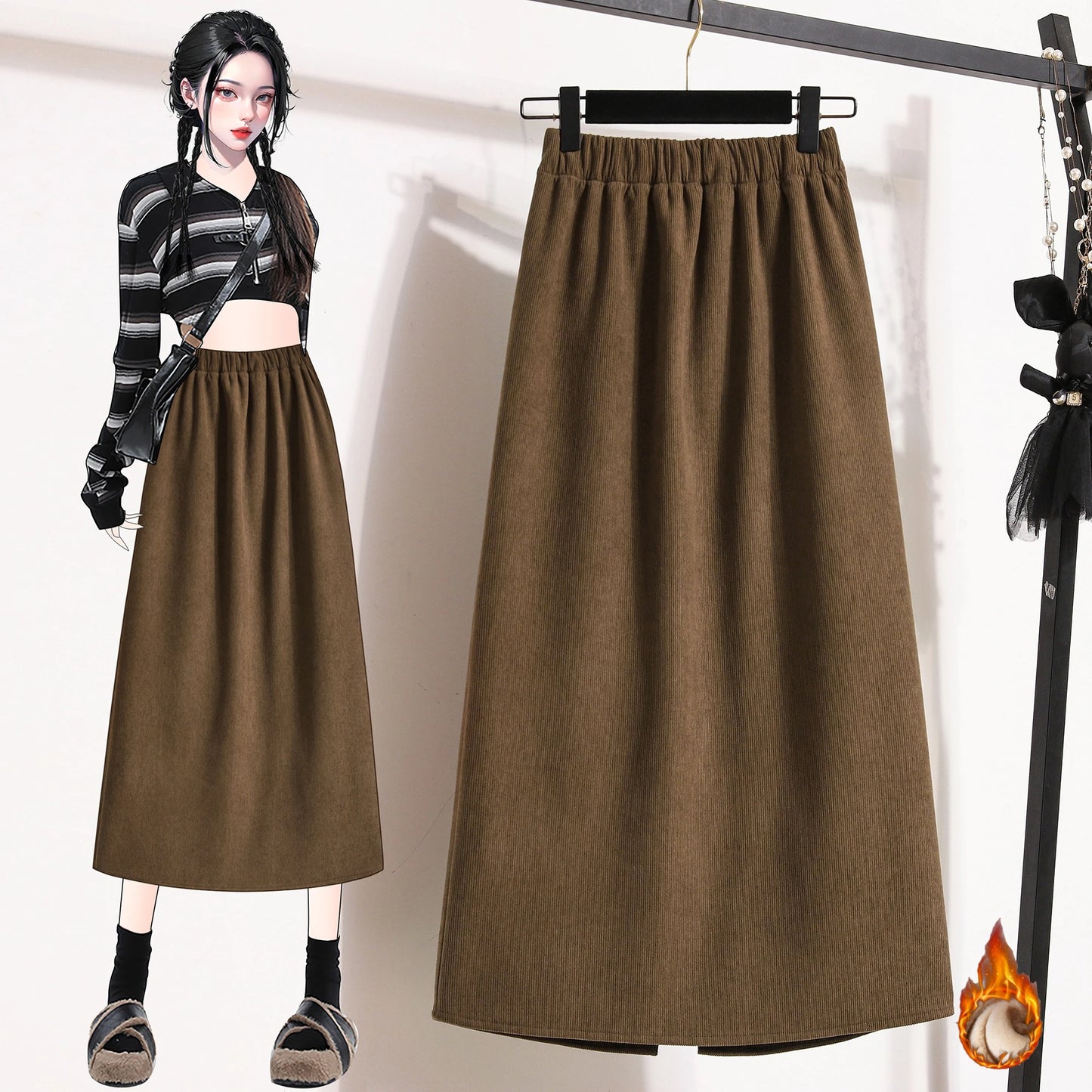 2025 Autumn Winter Plus Size Skirts Women High Waist Solid A-line Skirt Back Slit Korean Thick Elegant Fleece-lined Style Skirts