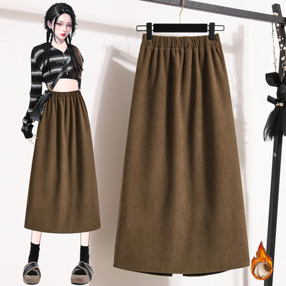 2025 Autumn Winter Plus Size Skirts Women High Waist Solid A-line Skirt Back Slit Korean Thick Elegant Fleece-lined Style Skirts