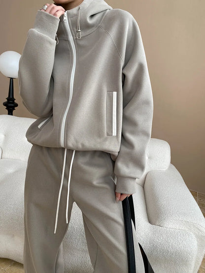 Spring and Autumn Women's Casual Solid Color Loose Hooded Sweatshirt+High Waist Loose Pants Set