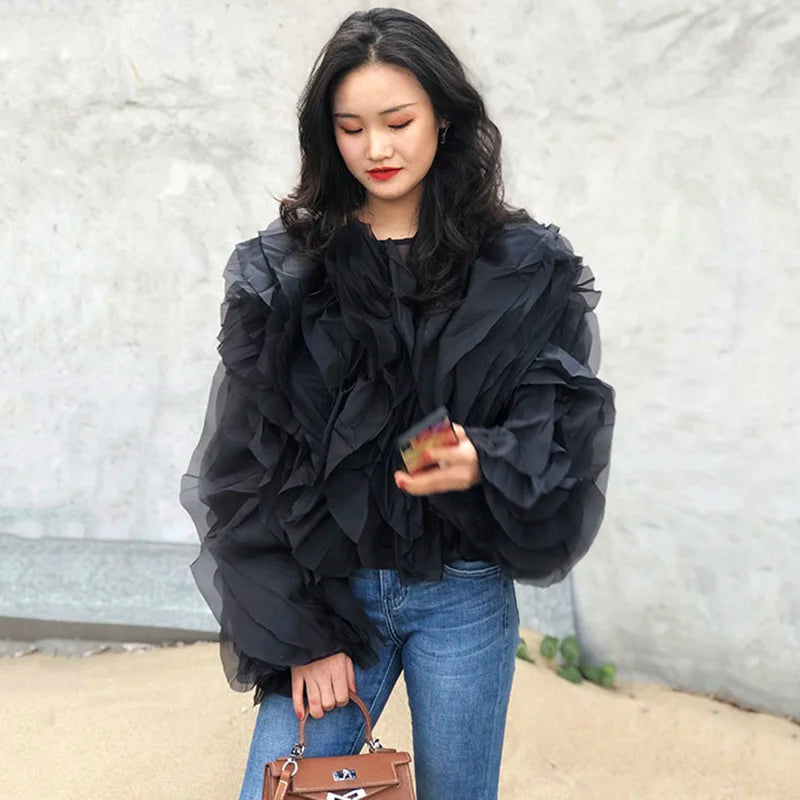 TWOTWINSTYLE Elegant Patchwork Ruffles Chiffon Blouses Women O Neck Lantern Long Sleeve Loose Shirt Female Clothing Fashion.