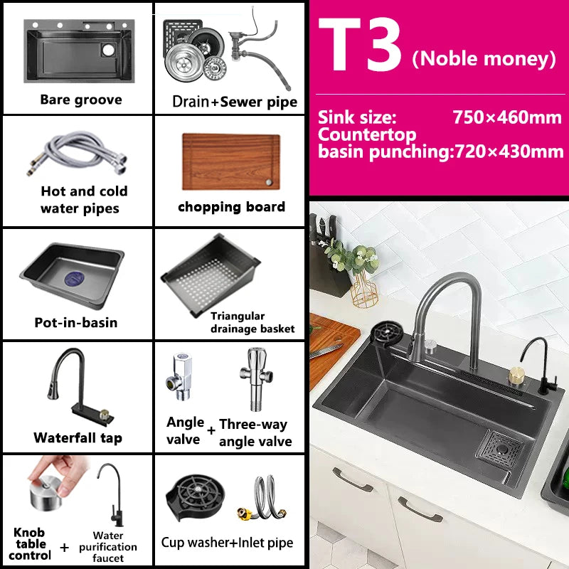 Waterfall Sink Kitchen Stainless Steel Topmount Sink Large Single Slot Wash Basin With Multifunction Touch Waterfall Faucet