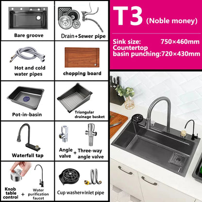 Waterfall Sink Kitchen Stainless Steel Topmount Sink Large Single Slot Wash Basin With Multifunction Touch Waterfall Faucet
