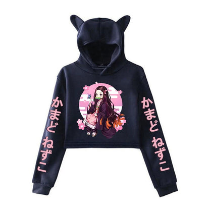 New Anime Kamado Nezuko Printing Cat Ear Hoodies Women Girls Fashion Streetwear Hoodies Sweatshirts Crop Top Pullover.