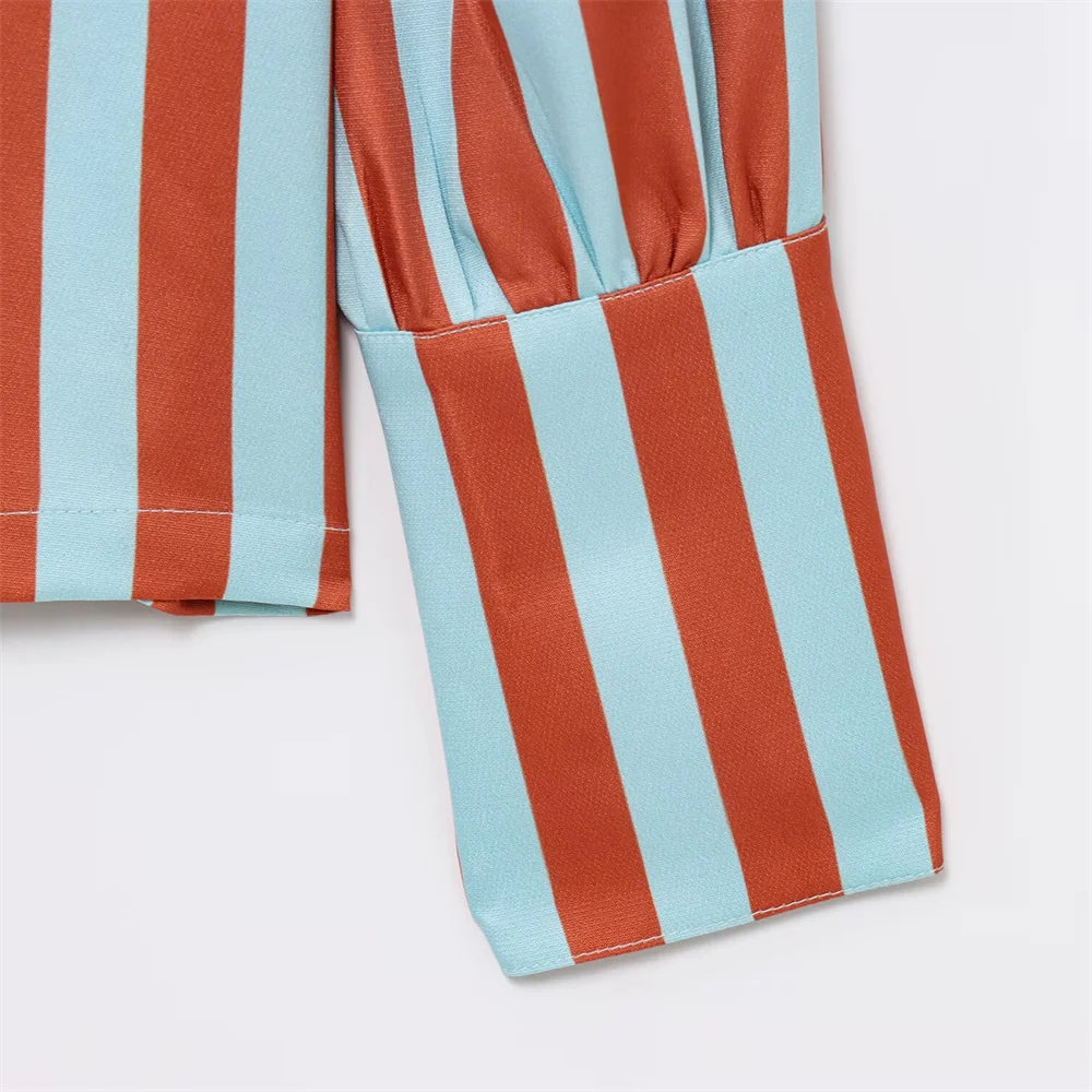 women's fashionable and versatile round neck long sleeved striped bubble sleeve temperament summer new top.