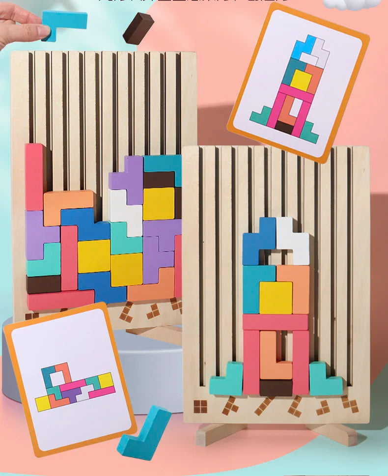 Wooden 3D Russian Blocks Puzzle Brain Teasers Toy Tangram Jigsaw Intelligence Colorful Blocks Montessori Educational.
