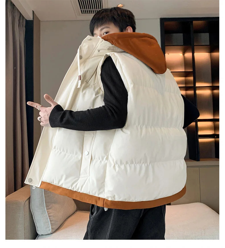 Men Windproof Hooded Vest Men Jacket Sleeveless Vest Winter Jacket Casual Coat Men Down Cotton Warm Thicken Waistcoat Thick Coat.