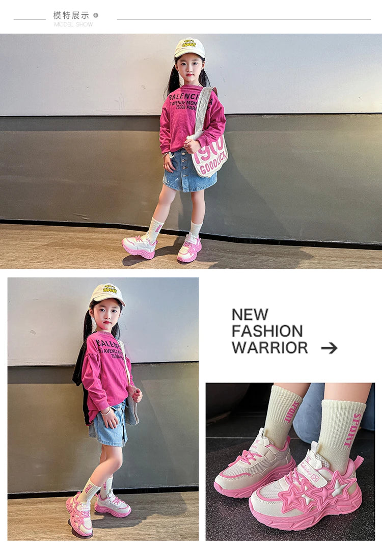 Children Casual Shoes for Girls Fashion Classic with Stars Girls Sports Running Sneakers Breathable PU + Rubber Anti-skid Soft.