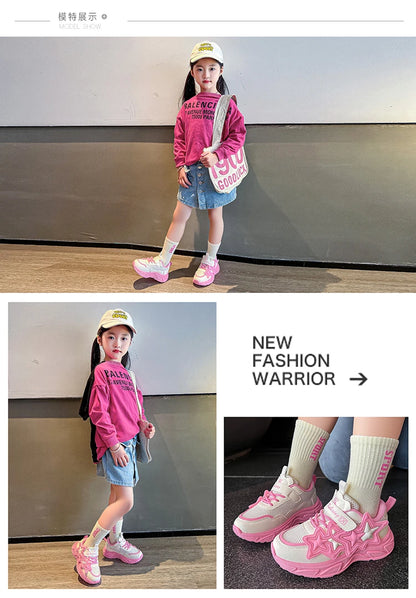 Children Casual Shoes for Girls Fashion Classic with Stars Girls Sports Running Sneakers Breathable PU + Rubber Anti-skid Soft.