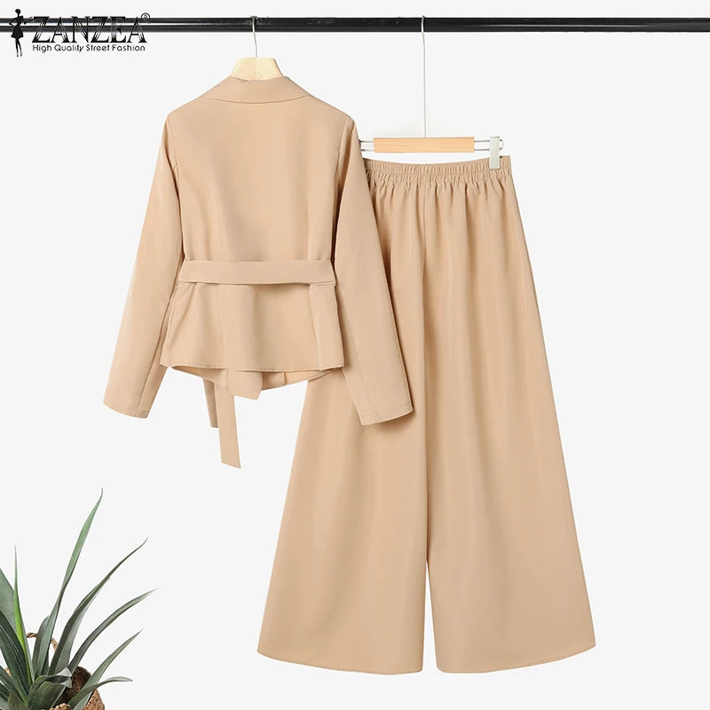 ZANZEA Elegant 2 Pieces Pant Sets Long Sleeve Belted Lightweight Blazer & Wide Leg Pant 2pcs Suits Office Lady Commuting Sets.