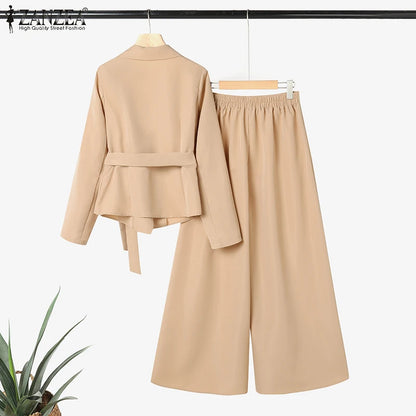 ZANZEA Elegant 2 Pieces Pant Sets Long Sleeve Belted Lightweight Blazer & Wide Leg Pant 2pcs Suits Office Lady Commuting Sets.