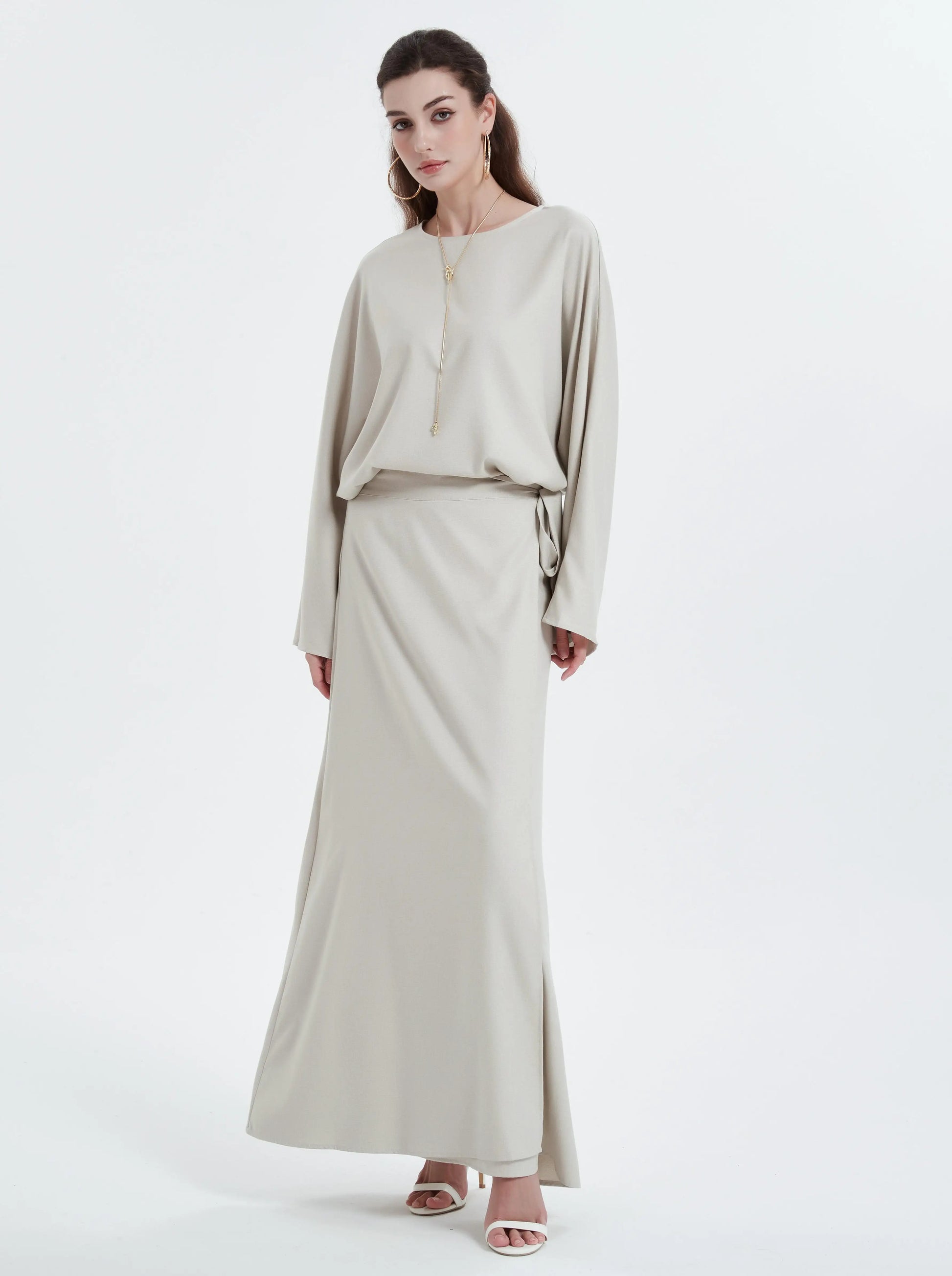 Ramadan kebaya Solid Color Simple Loose tunic with slit waist sleeve abaya Muslim Dresses.