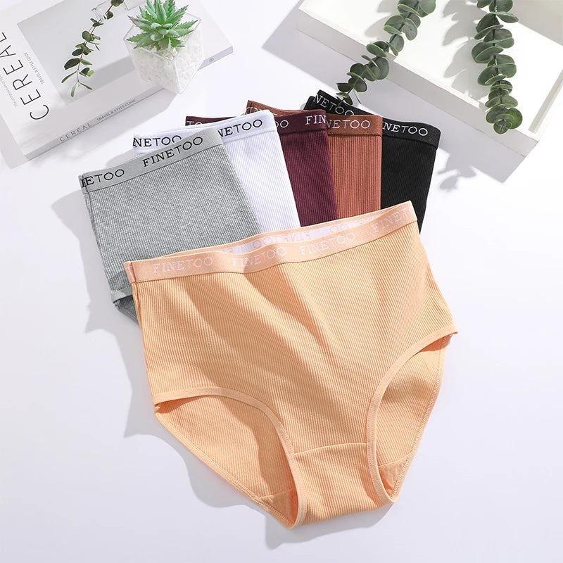 6Pcs/Set Cotton Women Panties Lady Plus Size Underwear High Waist Briefs Breathable Solid Color Female Lingerie Shorts FINETOO.