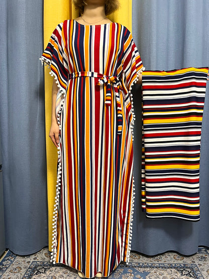 Abayas For Women 2024 Printed Vertical Stripe Tassels Elasticity Loose Fit Femme Robe African Woman Dresses With Belt Headscarf