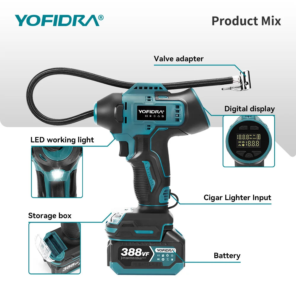 YOFIDRA Aufblasbare Elektrische Luftpumpe Digital Display Auto Reifen Inflator Automatische Luft Inflator Power Tool Für Makita Batterie Pin