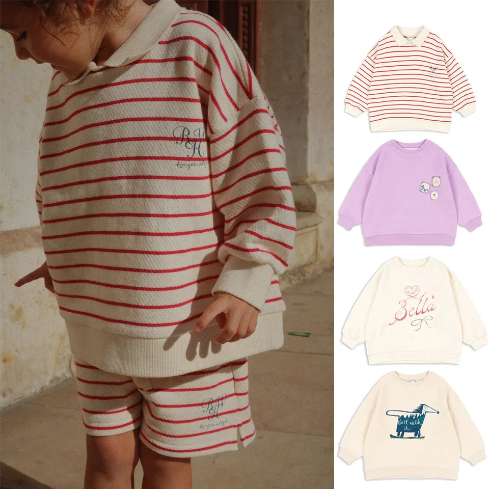 Konges Slojd Autumn Baby Boys Cotton Loose Sweatshirts Shorts Suits Kids Clothes Girls Casual Printed Striped Hoodies Tops Sets.