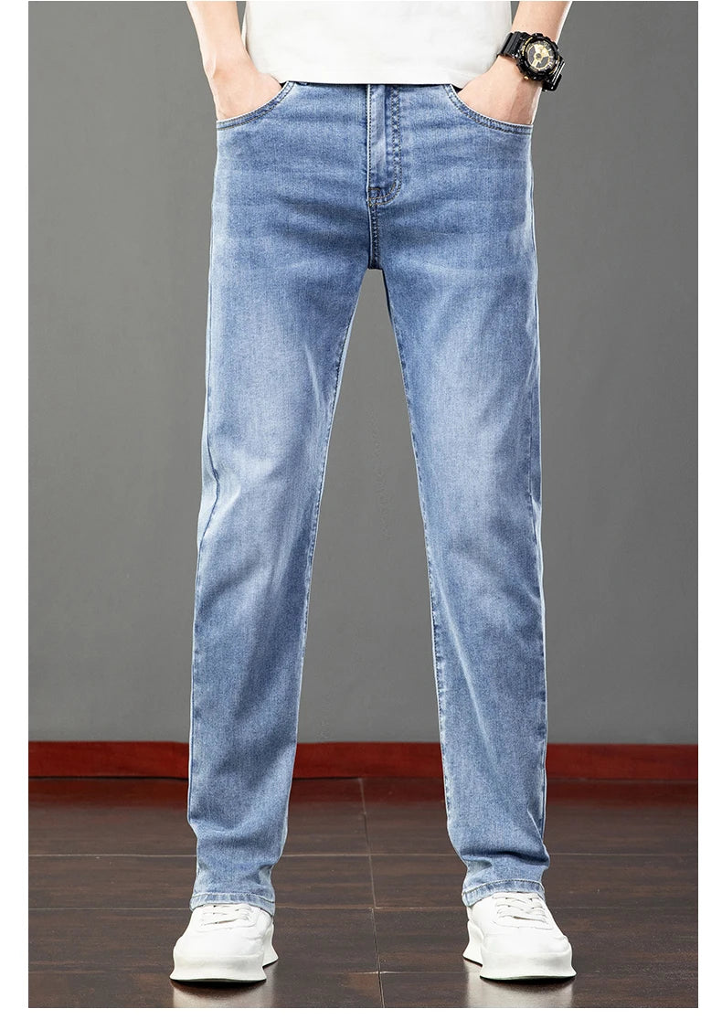 Spring Summer Thin Slim Fit Jeans Mens Elastic Straight Casual Business Denim Pants Washed Classic Brand Clothing Men Trousers.