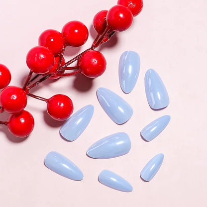 24pcs Blue Glossy Almond Press on Nails Long Girls Reusable Adhesive Artificial False Nails Cheap Acrylic Full Cover Nail Tips.