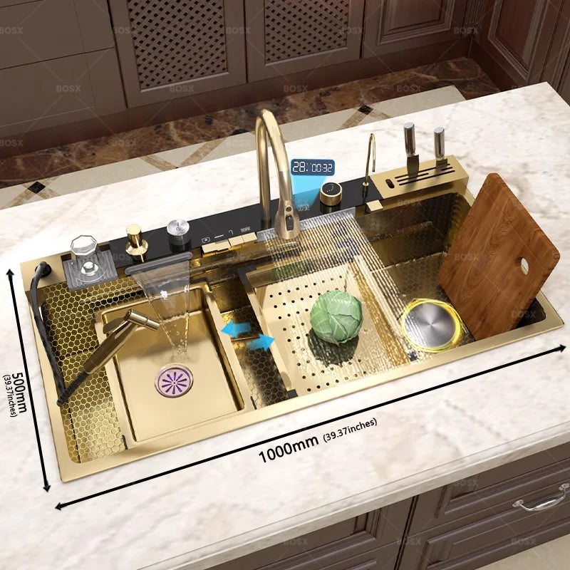 Wasserfall-Edelstahl-Küchenspüle, multifunktionale Digitalanzeige, Wasserhahn, Waschbecken und Gemüsebecken, großer Einzelschlitz