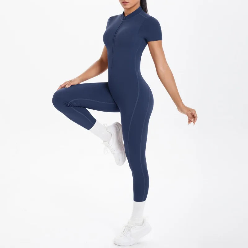 New Women's Yoga Jumpsuit Front Zipper Tight Back Hollow Out Short Sleeve-pants Activewear for Fitness Running Gym Workout.