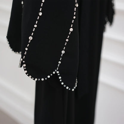 Middle Eastern Modest Dress with Pearl Sleeve for Muslim Women Ramadan Dubai Black Abaya Islam Party Jalabiya Outfit Turkey Robe.