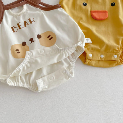 0–2 Jahre Baby-Strampler aus Baumwolle mit Tier-Cartoon-Motiv – bezaubernde Enten- und Bären-Designs – weich und bequem für Babykleidung.