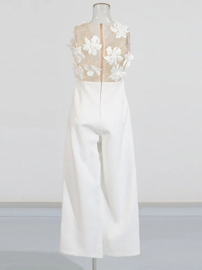 ZMEENNA Elegant White Floral Applique Jumpsuit For Women Sleeveless Wide Leg Romper With Sheer Mesh Top Perfect ZM726.