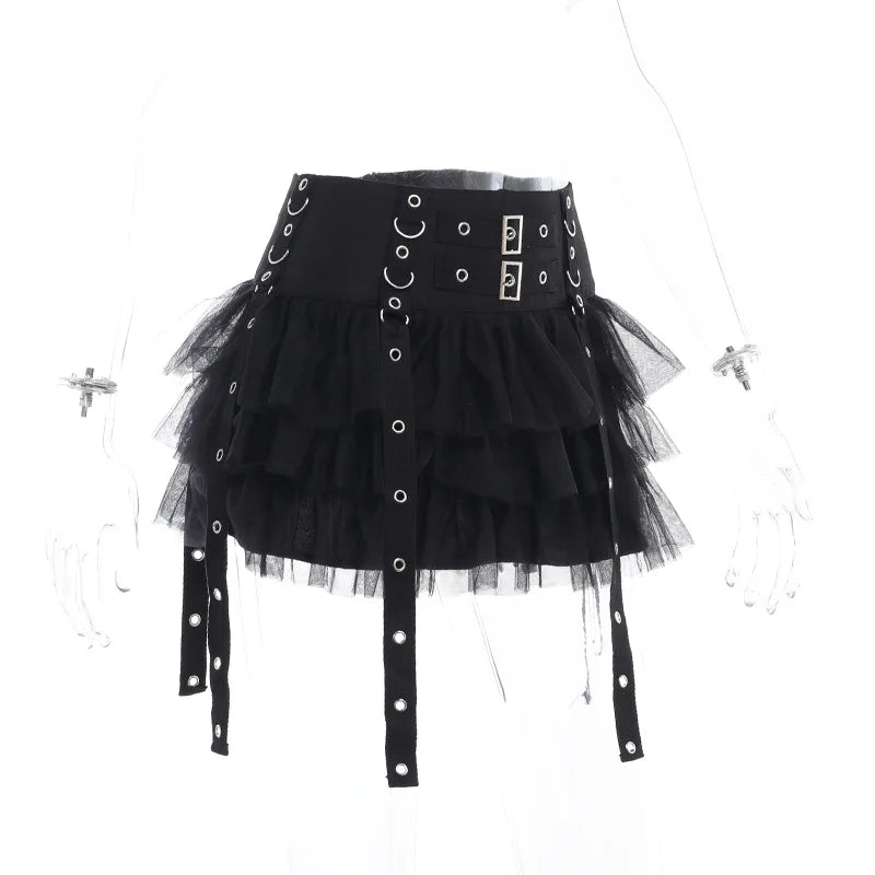 Goth Dark Ruffles Mall Gothic Mesh Splice Mini Skirts Grunge Aesthetic Harajuku Buckle A-line Skirt Punk High Waist Alt Bottoms.