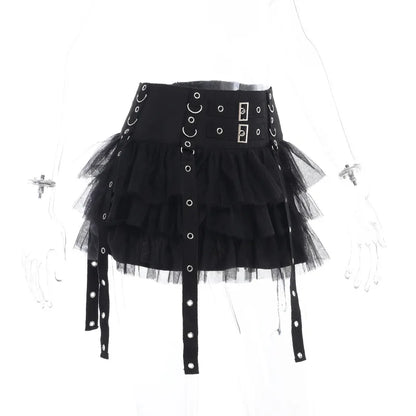 Goth Dark Ruffles Mall Gothic Mesh Splice Mini Skirts Grunge Aesthetic Harajuku Buckle A-line Skirt Punk High Waist Alt Bottoms.