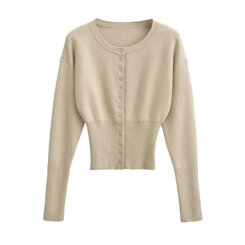 Women's High Waist Round Neck Single Breasted Cardigan Solid Long Sleeve Short Sweater Top Autumn Slim Bottoming Shirt.
