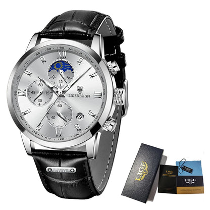 LIGE Luxury Fashion Women Watch Leather Strap Waterproof Casual Sport Quartz Wristwatch 24 hour Moon Phase Clock Watch for Women