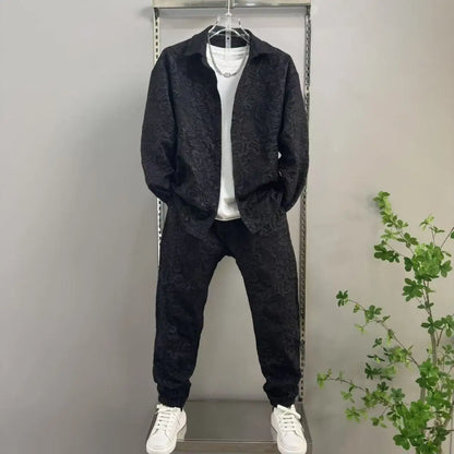 New Spring and Autumn Men's Casual Suit Lapel Jacquard Shirt Trousers Two-piece Set Comfortable Loose.