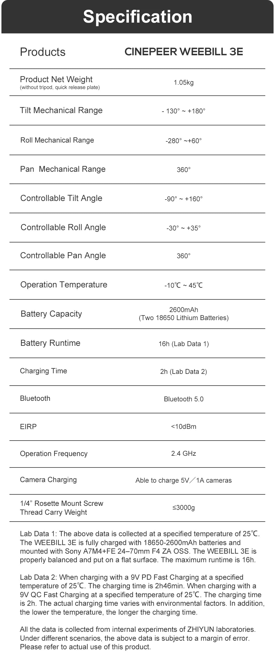 ZHIYUN Official CINEPEER WEEBILL 3E Handheld Camera Gimbal Stabilizer 3-Axis Cameras Gimbals for DSLR Mirrorless Cameras.