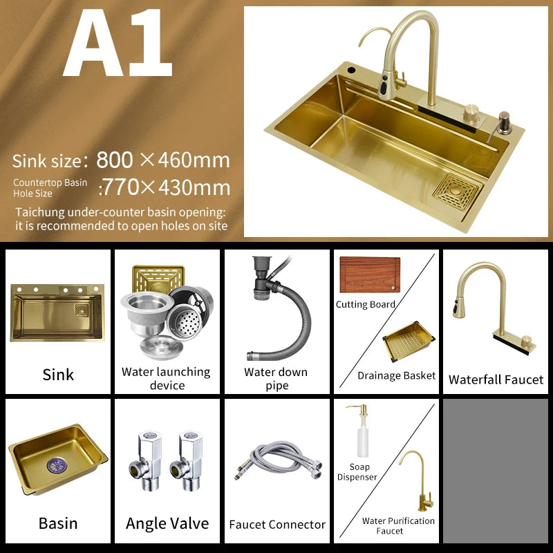 YCRAYS Golden Nano Multifunctional Kitchen Sink 4 Mode Waterfall Faucet Large Single Bowl Soap Dispenser Pure Tap Cup Washer