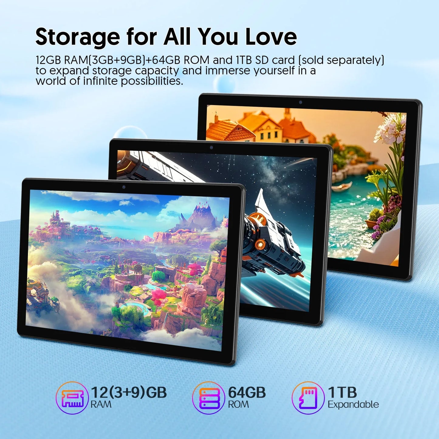 BAKEN 10-inch tablet with SIM card slot, Android 15, Wi-Fi, GPS, Bluetooth, 64GB storage, dual speakers, USB-C port.