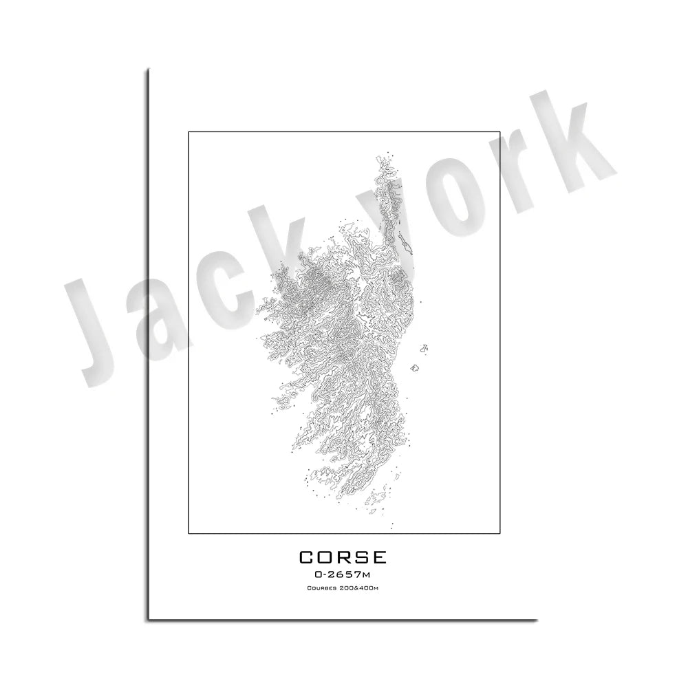 Corsica topographic map print, Corsica cities, France Corsica map print, road map art poster modern wall art decor.