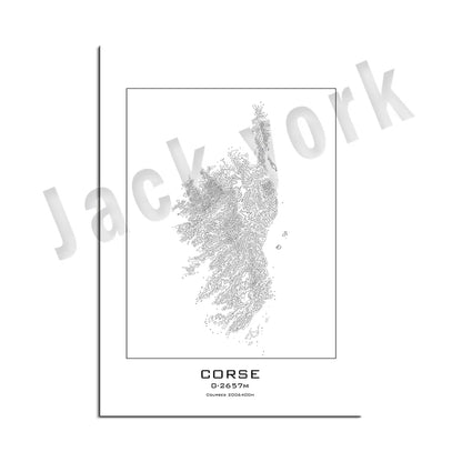 Corsica topographic map print, Corsica cities, France Corsica map print, road map art poster modern wall art decor.