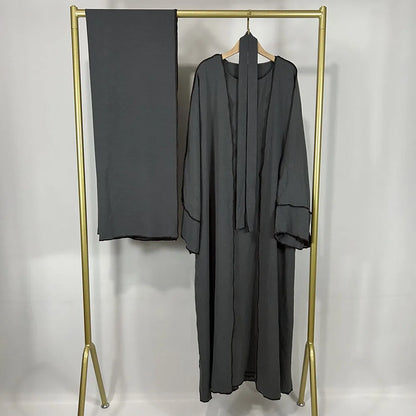 Three Piece Abaya Set With Hijab Free Belt Jazz Crepe Kimono Sleeveless Under Dress EID Ramadan Muslim Women Islamic Clothing.