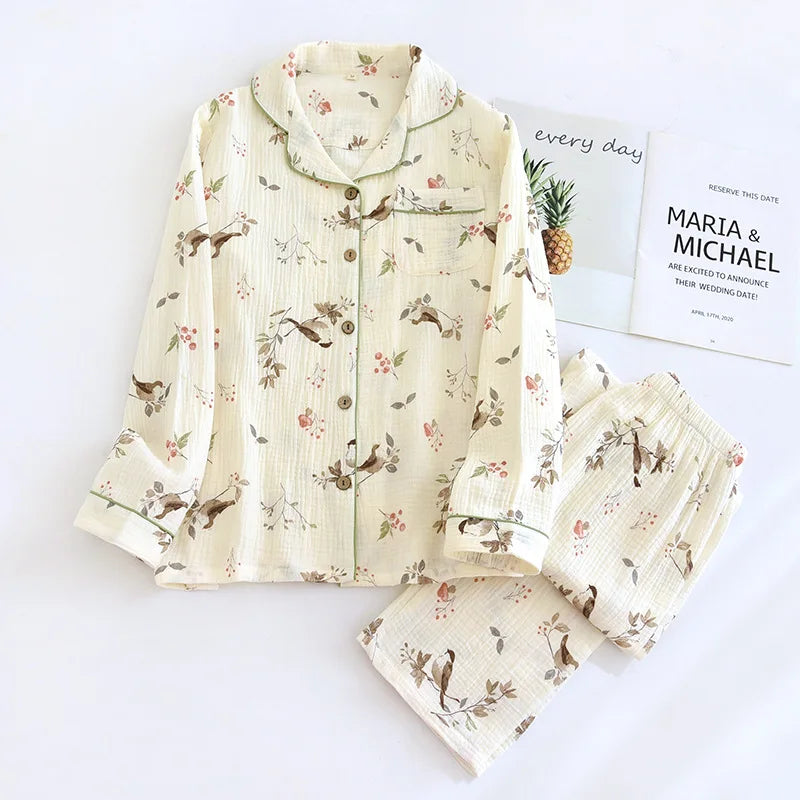 2025 neue Frühjahr/Sommer frauen Pyjama Set 100% Baumwolle Crepe Nette Liebe Langarm Lange Hosen Zwei Stück set Strickjacke Hause Kleidung
