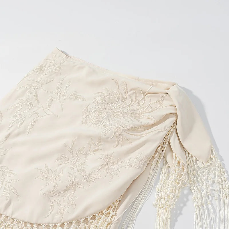 MUJER Embroidery Lace Long Skirt Woman High Waist Midi Skirts for Women Summer Beach Skirt Woman Tassel Women's Skirts Cylinder.