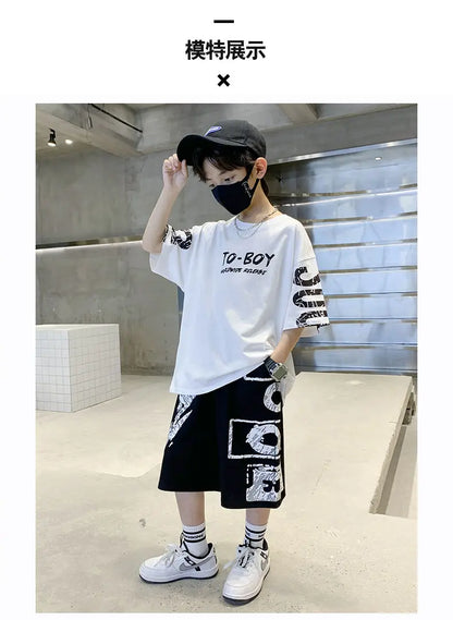 Boys Summer Trendy Casual Sports 2pcs T-shirts+Pants Suits 3-14 Years Teenage Boys Hip Hop Style Fashion Outfits Clothes Sets.
