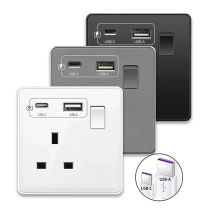 18 W Typ-C-Stecker, Schnellladung, UK 13 A USB-Wandsteckdose, Steckdose mit 3,1 A USB C, universelles Dual-5-Pin-Steckdosenpanel.