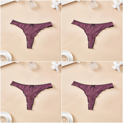 4pcs women's cotton solid color thong sexy comfortable women's underwear daily breathable T-back knitted bow cute girl low-waist