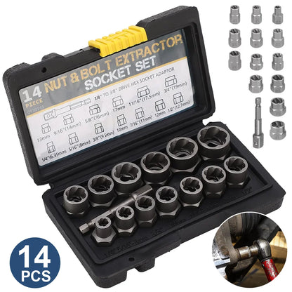 [EU-Lager] 14-teiliges Steckschlüsselset, Schlagschrauben-Mutterentferner-Set, Cr-Mo-Stahl-Schraubenausdreher-Werkzeugset für industrielle Schlagschrauben und Muttern