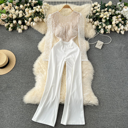 Light Luxury Elegant Women White Backless Jumpsuits Temperament O-neck Puff Long Sleeve Embroidery Female Playsuits.